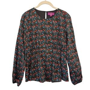 J.Crew Liberty of London Strawberry Print Blouse Womens 4 Black Smocked Peplum